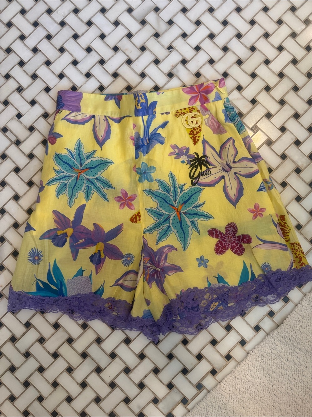 Gucci Yellow Floral High-Waist Shorts with Purple Lace Trim